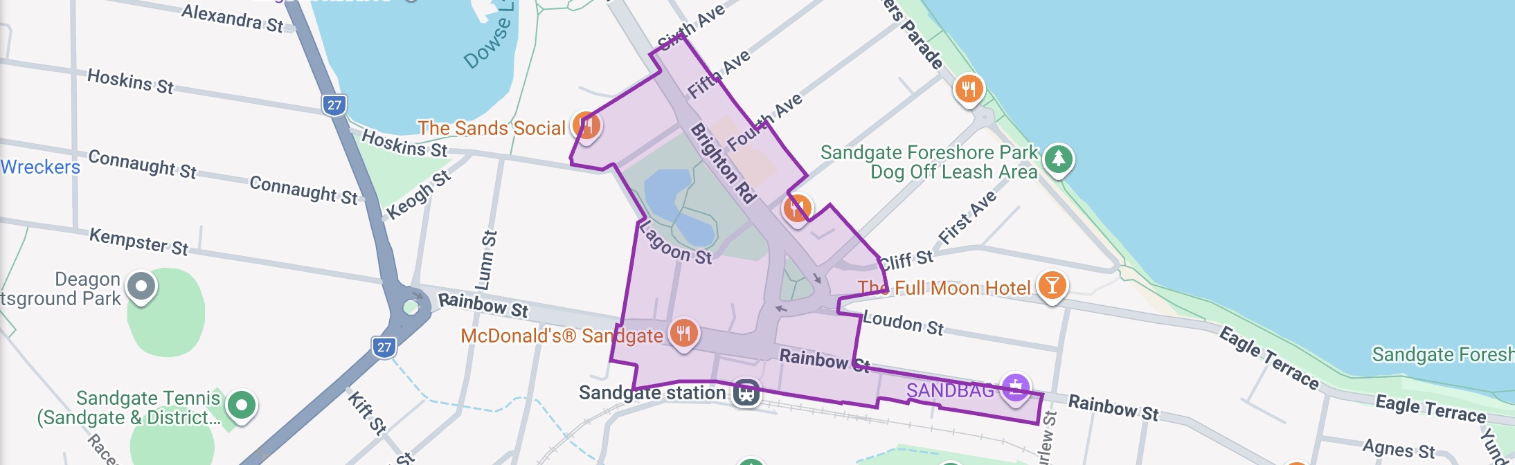 Map of the Sandgate Precinct Plan area, which includes the town centre, extends both sides of the lagoon, and also includes the Rainbow St industrial strip.